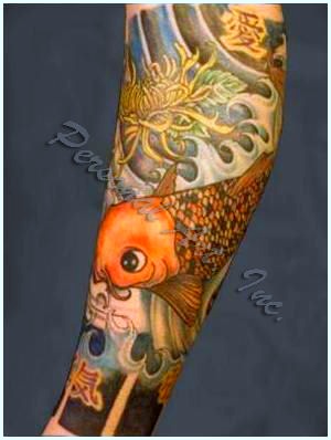 leg tattooed with koi and water and flowers by JEanne at Personal Art, Inc