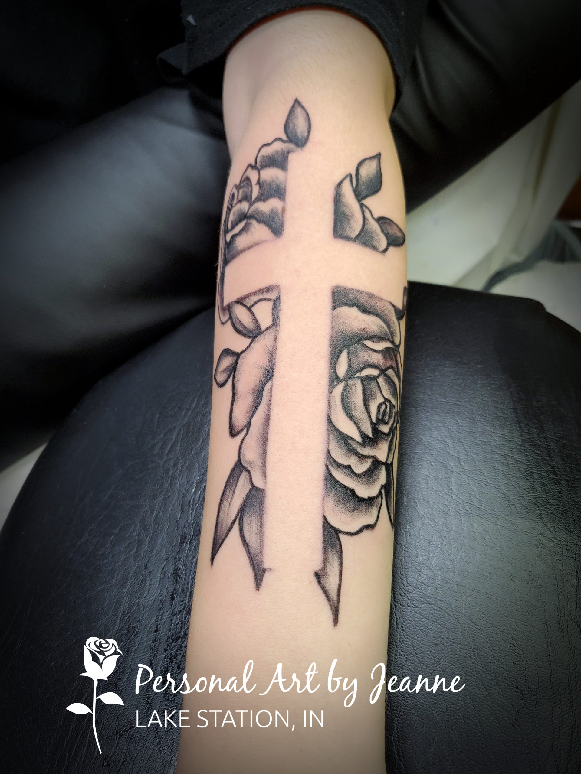 CroWM -ss and roses black and gray style rose tattoo with superimposed image of a cross